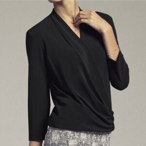 MM LaFleur The Deneuve Italian Crepe Drape Faux Wrap Top in Black Women’s Medium